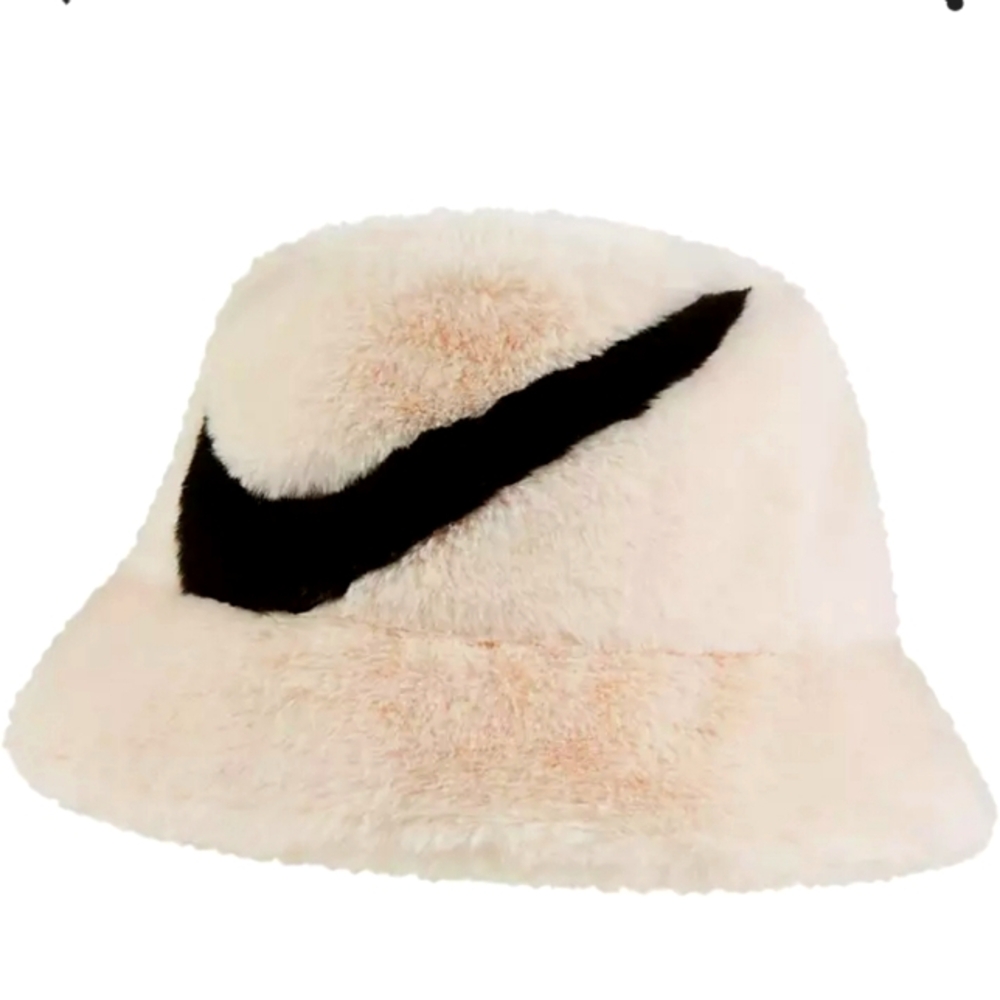 Nike Swoosh faux fur bucket hat in off white